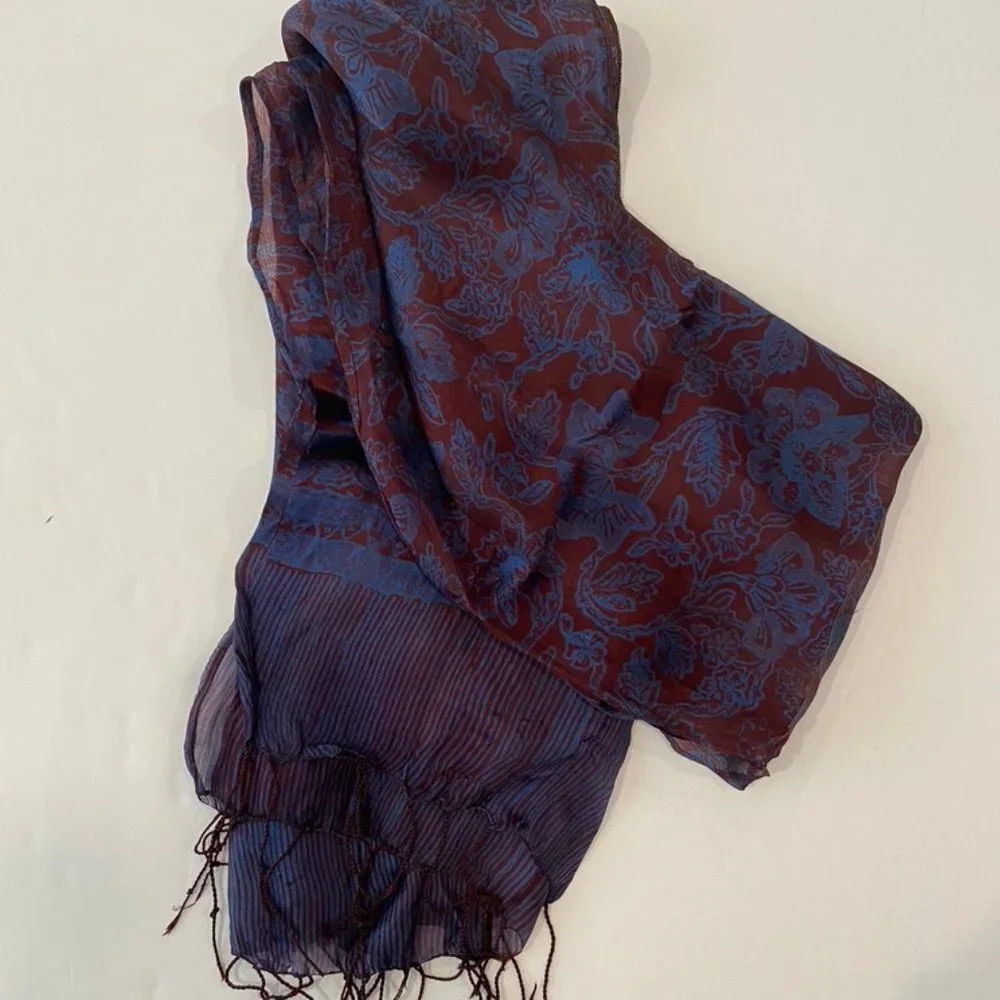 Sheer silk blue / purple scarf with fringe